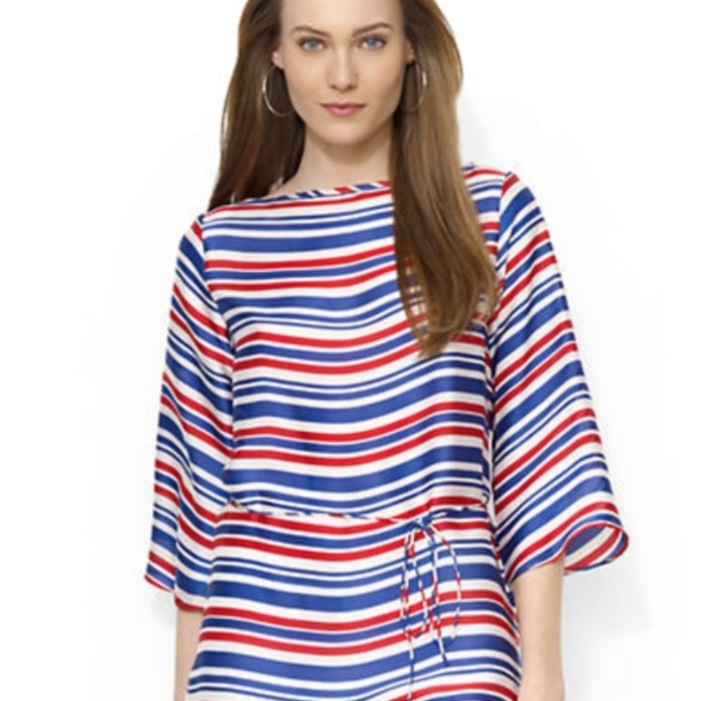 Ralph Lauren Red White Blue 3/4 Sleeve Striped Blouse EUC sz L